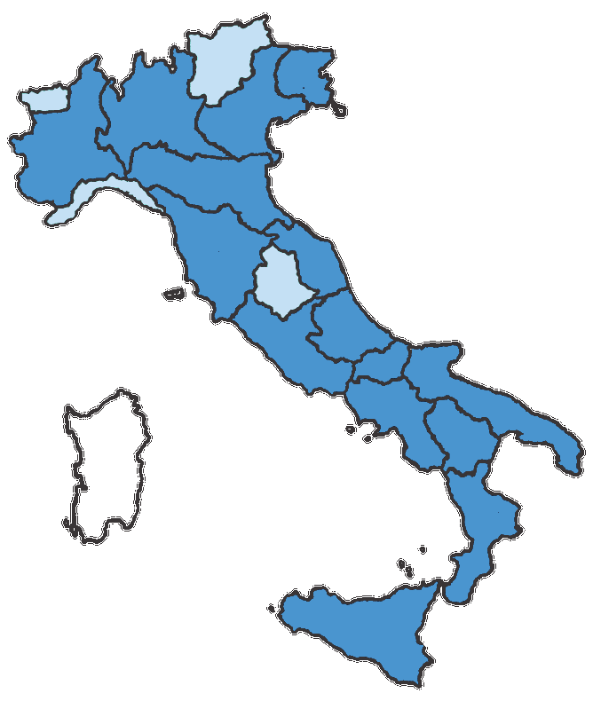 Mappa dell'Italia con le regioni coperte da CREA VENDING: copertura diretta in gran parte della penisola e della Sicilia, parziale in Valle d'Aosta, Trentino-Alto Adige, Liguria e Umbria, nessuna copertura in Sardegna